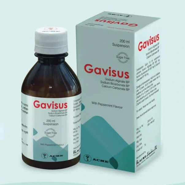 Gavisus Oral Suspension 200 ml bottle, Sodium Alginate + Sodium Bicarbonate + Calcium Carbonate (500 mg+267 mg+160 mg)/10 ml