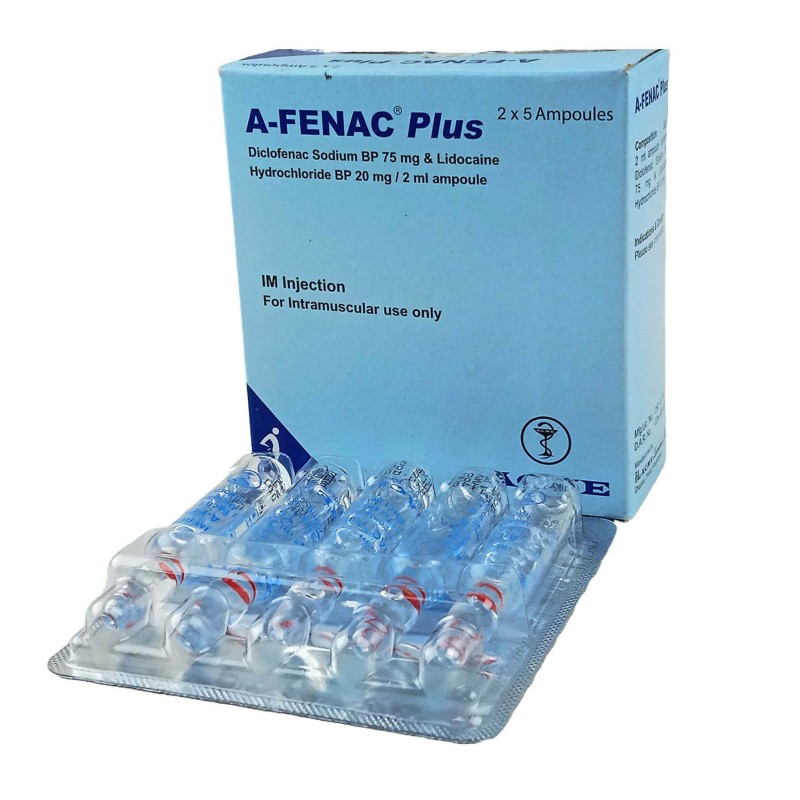 A-Fenac Plus IM Injection, Diclofenac Sodium + Lidocaine Hydrochloride (75 mg+20 mg)/2 ml
