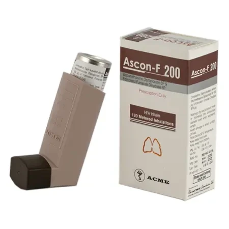 Ascon-F Metered-Dose Inhaler (MDI) 200 metered doses, Beclomethasone Dipropionate + Formoterol Fumarate (200 mcg+6 mcg)/puffAscon-F Metered-Dose Inhaler (MDI)  Pack Image Beclomethasone Dipropionate +