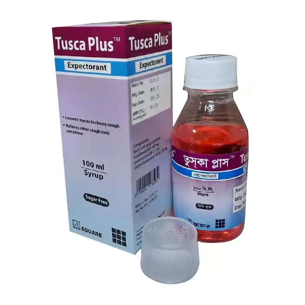 Tusca Plus Syrup 100 ml bottle, Guaifenesin + Levomenthol + Diphenhydramine (100 mg+1.1 mg+14 mg)/5 ml